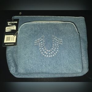 NWT! True Religion Chic Blue Denim Cosmetics Pouch with Rhinestone Logo Detail